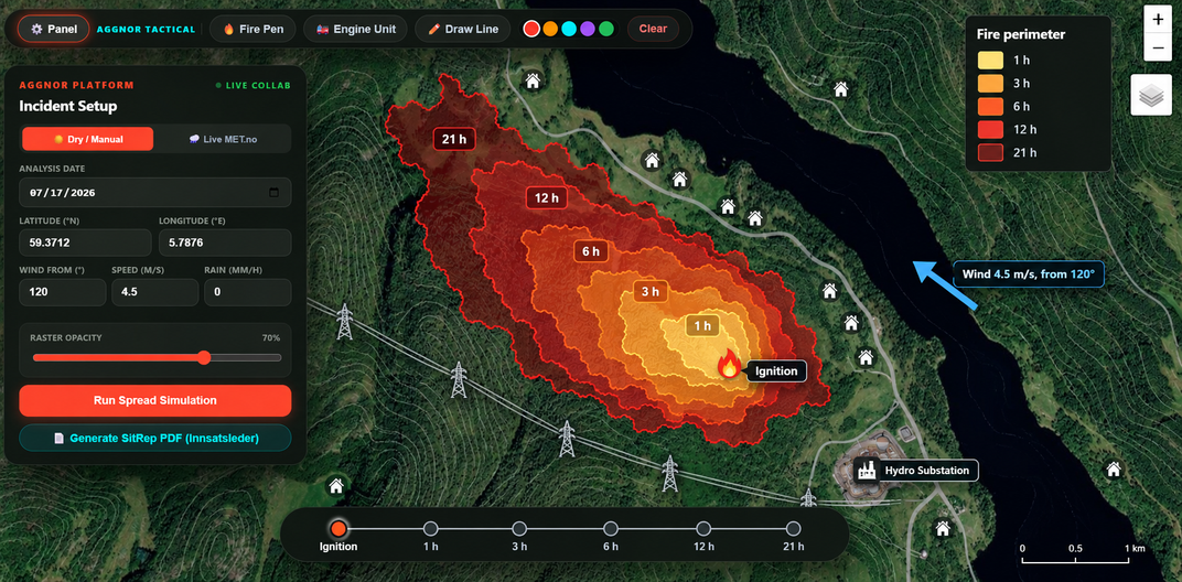 AggNor wildfire spread prototype showing simulated fire perimeters on a landscape map